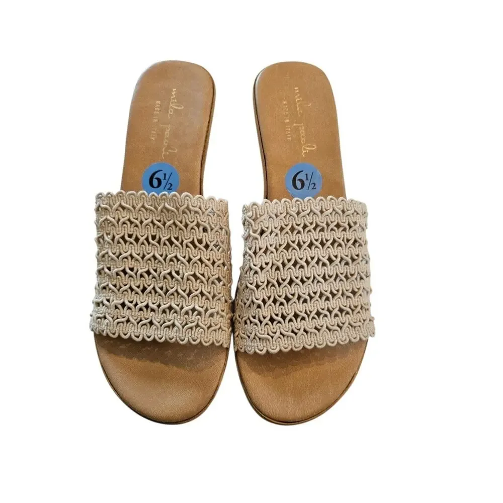 Mila Paoli Cream Colored Woven Rafia Classic Wooden Style Wedge Heel Sandal